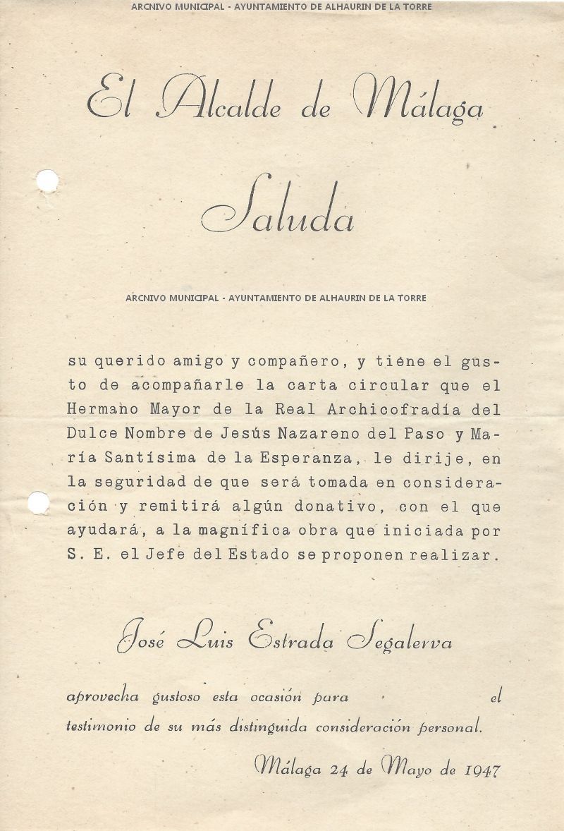 El Ayuntamiento de Alhaurín de la Torre fue nombrado hermano mayor honorario de la Archicofradía de la Esperanza en 1948-03